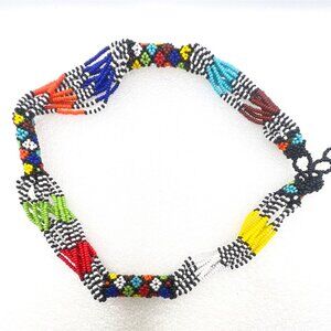 Artisan Beaded Necklace Ethnic Floral Geometric Colorful Adjustable Loop Closure